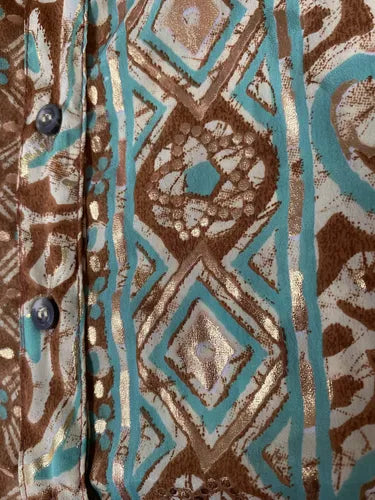 Vestido Camisero De Seda Hindú Con Dorado Modelo Amplio Marrón Estampado Único