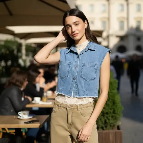 Chaleco De Jean Corto Celeste Lisa L