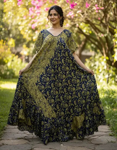 Vestido Seda Hindú Modelo Amplio Xxxl Azul Estampado Único