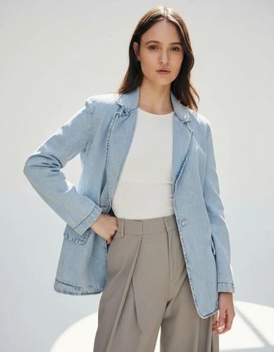 Saco Blazer De Jean Celeste Claro 2 Botón Normal L