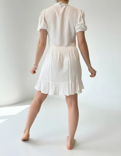 Vestido Lino Blanco Boho Con Cuello Blanco S
