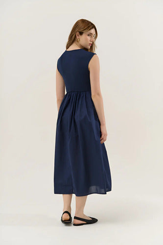 Vestido Largo Sin Mangas Combinado Con Ribb Y Poplin