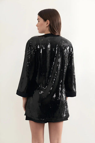 Saco Kimono De Lentejuelas Noche Fiesta Negro 40