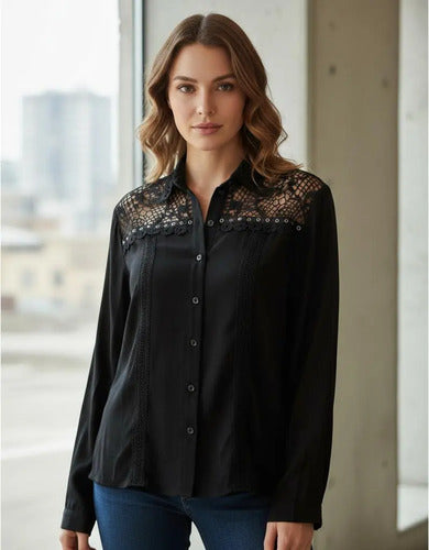 Camisa Importada Boho Perlas Y Puntillas (266) Negro Lisa L