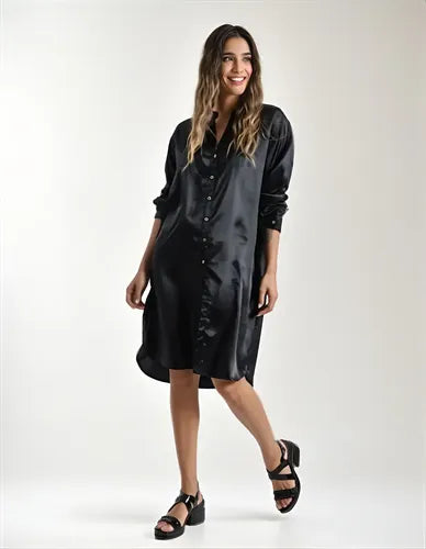 Vestido Camisero De India Simil Seda Midi Modelo Amplio