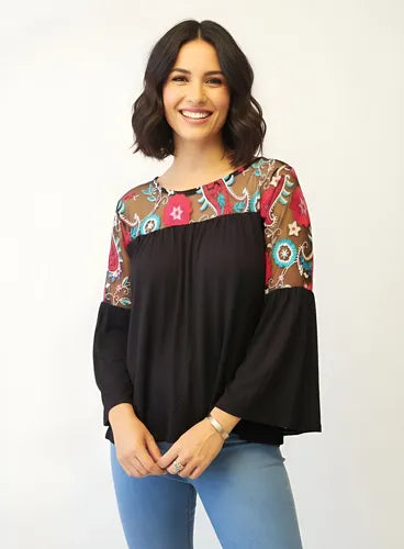 Remera Blusa Manga 3/4 Modal Y Tull Bordado Negro Bordado Único