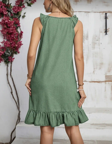 Vestido Solero De Simil Jean Verde Verde Liso S