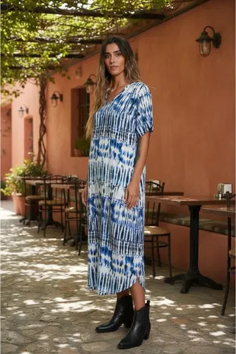 Vestido Largo De India Estampado Amplio Blanco Con Azul Estampado M