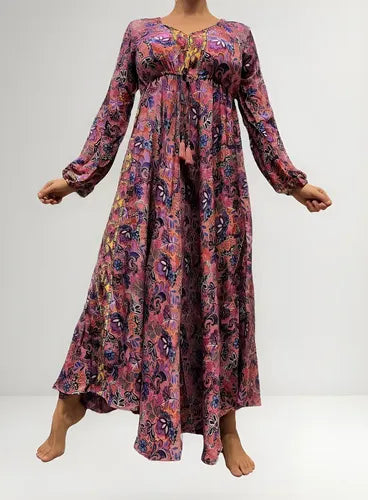 Vestido Largo Seda Hindú Manga Larga Rosa 2 Estampado Único