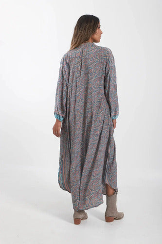 Vestido De Seda Hindú Estampado Largo Modelo Grande Turquesa Estampado Único