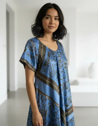 Vestido Largo Seda Hindú Modelo Amplio Nuevo 2da Selección Celeste Estampado Único