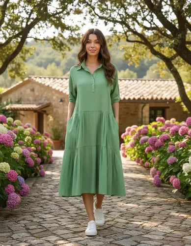 Vestido Camisero De Simil Seda Verde Lisa Único