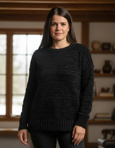 Sweater Boucle Pullover Tejido Amplio Negro Liso Unico