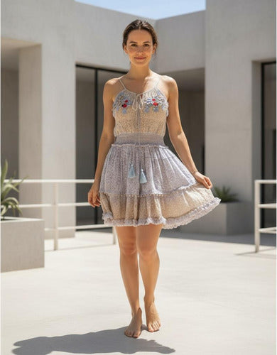 Vestido Bordado Boho  Importado Beige Con Celeste Bordado S
