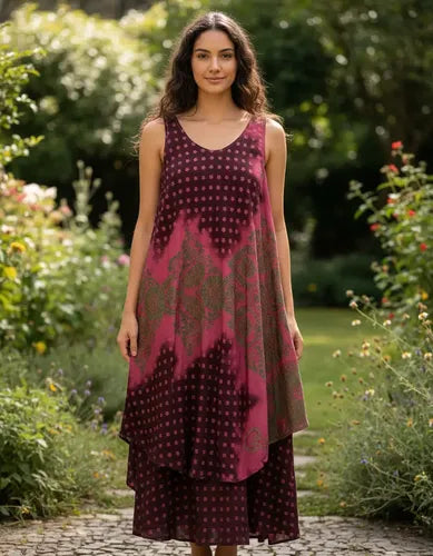 Vestido Hindú Talle Grande Doble Falda Nueva 2da Selección Bordó Estampado Único