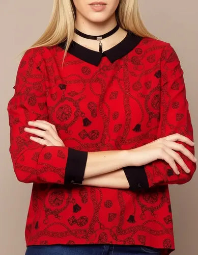 Camisa Blusa De Diseño Estampada  Rojo Estampado 1