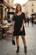 Vestido Negro Manga Corta De India Negro Lisa Único
