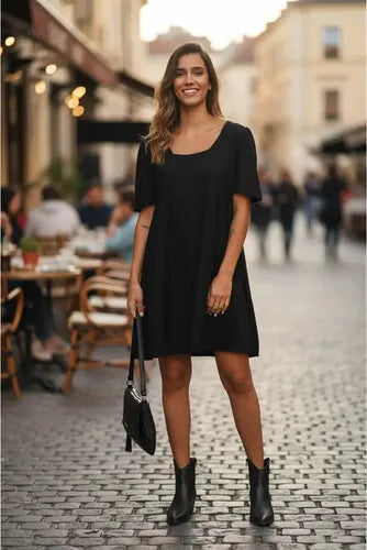 Vestido Negro Manga Corta De India Negro Lisa Único