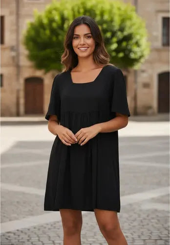 Vestido Negro Manga Corta De India Negro Lisa Único