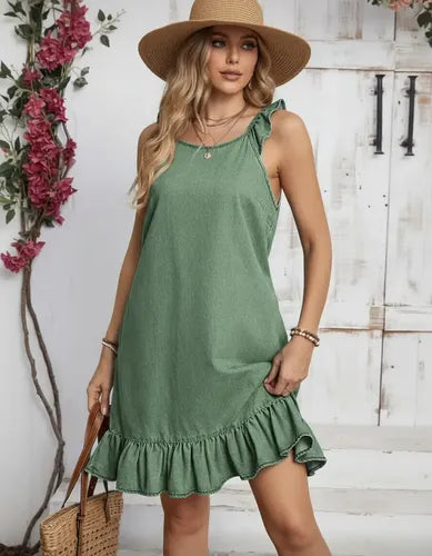 Vestido Solero De Simil Jean Verde Verde Liso S