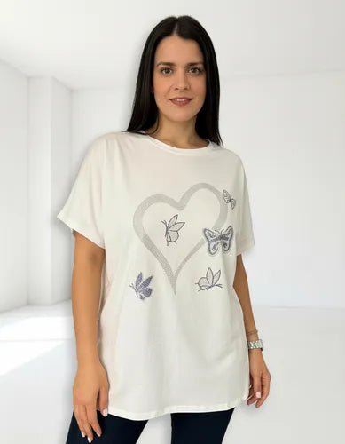 Remera Strass Importada Talle Grande Modal Blanco Corazones 3xl Lisa