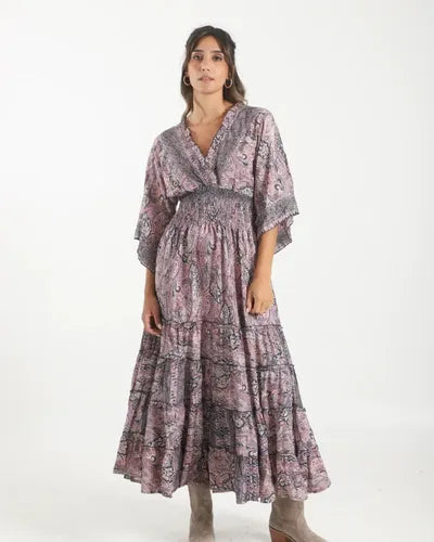 Vestido De Seda Hindú Largo Nuevo 2da Selección Lila Estampado Único
