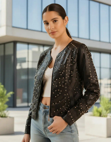 Campera Eco Cuero Importada Negro L Tachas