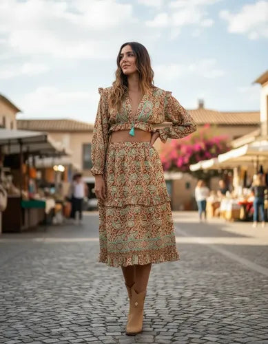 Pollera + Blusa De Seda Hindú (conjunto) Marrón Estampado Único