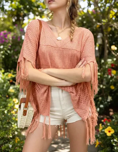 Poncho Ruana Sweater  Tejidos Boho Rosa U