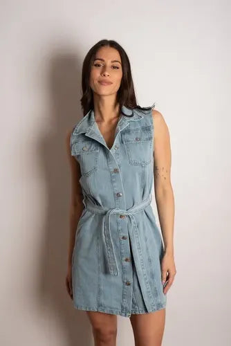 Vestido De Jean Rigido Sin Mangas Celeste Liso S