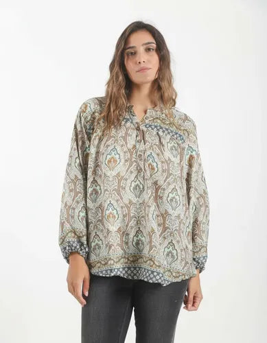 Camisa Blusa De Seda Hindú Modelo Grande Mod. 105 Marrón Claro Estampado Único