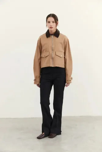 Campera De Gabardina Y Corderoy Oversize Marrón Claro 40 Liso