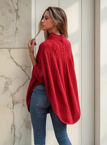 Poncho  Sweater Tejido Grueso Grande Importado Terracota Liso Único