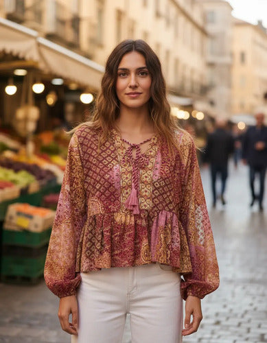 Blusa Hindú Modelo Amplio Rosa Estampado Único