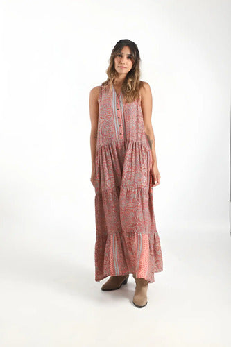 Vestido De Seda Hindú Largo Sin Mangas Mod. 9 Coral Estampado Único