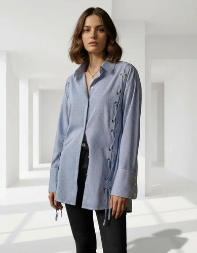 Camisa Larga  Rayada Importada Azul M