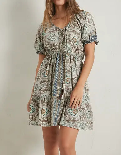 Vestido De Seda Hindú Corto Abotonado Mod. 94 Marrón Claro Estampado Único