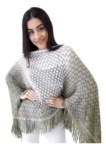 Poncho Ruana Tejido Importado Amplio Xxxl Verde Claro Con Blanco Único