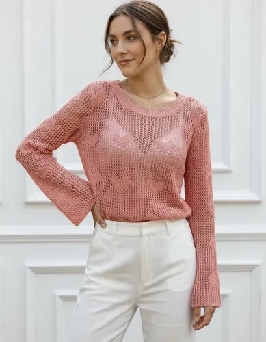 Sweater Mangas Oxford Calado Boho Corazones Importado