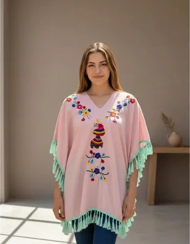 Túnica Poncho Blusa Grande Bordada Importada Amplia Rosa Bordado Único