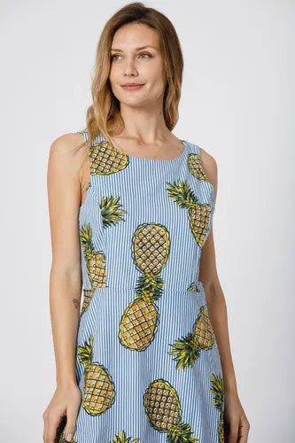 Vestido Importado Estilo Pin Up Ananas Nuevo 2da Selección Azul Rayas Único