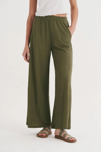 Pantalón Palazzo  De Piqué Verde Musgo Liso Único