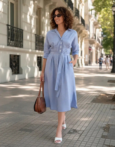 Vestido Camisero Rayado De Lino