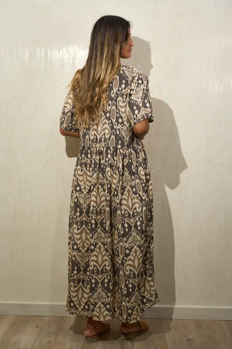 Vestido Largo De Seda Hindú Modelo Amplio Mod. 04 Marrón Estampado Único