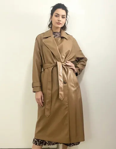 Trench De Eco Cuero Largo Marrón Claro Único Liso