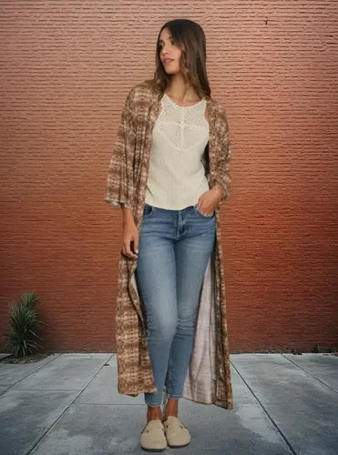 Kimono Estampado Largo De India Amplio Xxl Marrón Único