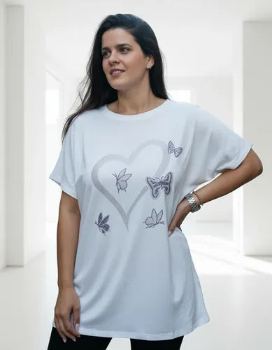 Remera Strass Importada Talle Grande Modal Blanco Corazones 3xl Lisa