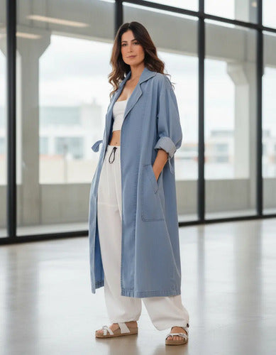 Trench Jean Tapado Denim Sobretodo Talle Grande Celeste Xxl Lisa