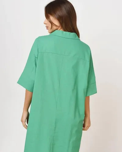 Vestido De Lino Midi Con Cuello Camisero Verde Lisa Único
