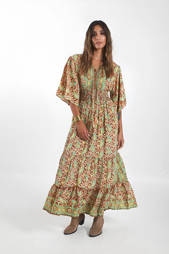 Vestido De Seda Hindú Largo Mod. 69 Marrón Claro Estampado Único